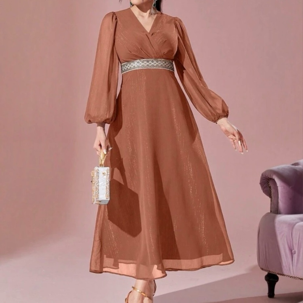 SHEIN Elegant Long Sleeve Rust Dress